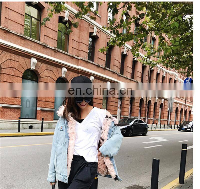 Fashion Wholesale Real Fur Lining Denim Jacket Women Lamb Fur Coat