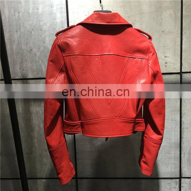 Wholesale Chinese Haining Genuine Leather Coat Woman Red Leather Jacket