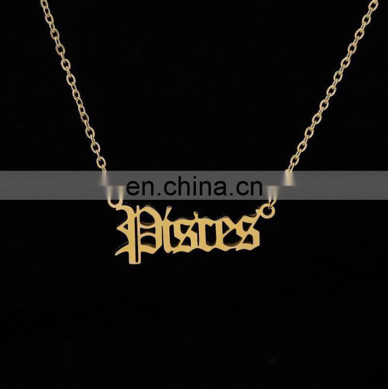 Vintage Gold Silver Stainless Steel 12 Zodiac Sign English Letter Necklace For Women Birthday Jewelry Gift