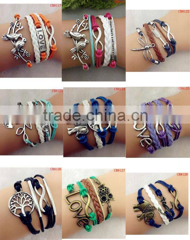 CB8007 wholesale jewelry leather bracelet wax line accessory sliver bracelet frienship leather bracelet