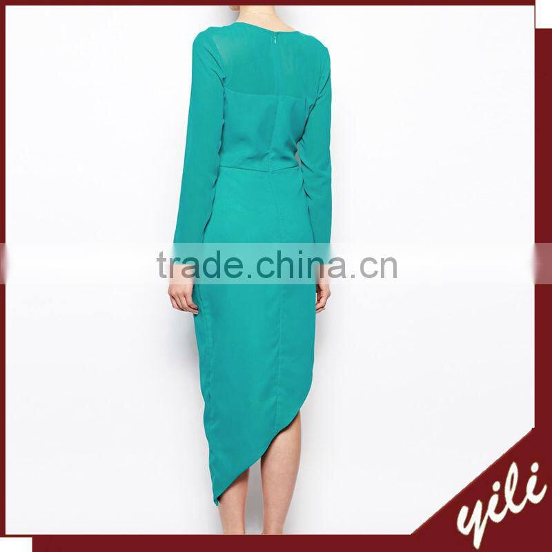 women elegant long sleeve mint green dress with wrap front