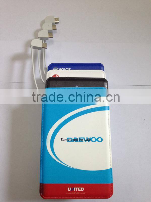 Premium leather cover customized promotional credit card shape portable phone power bank charger with built in micro usb cable