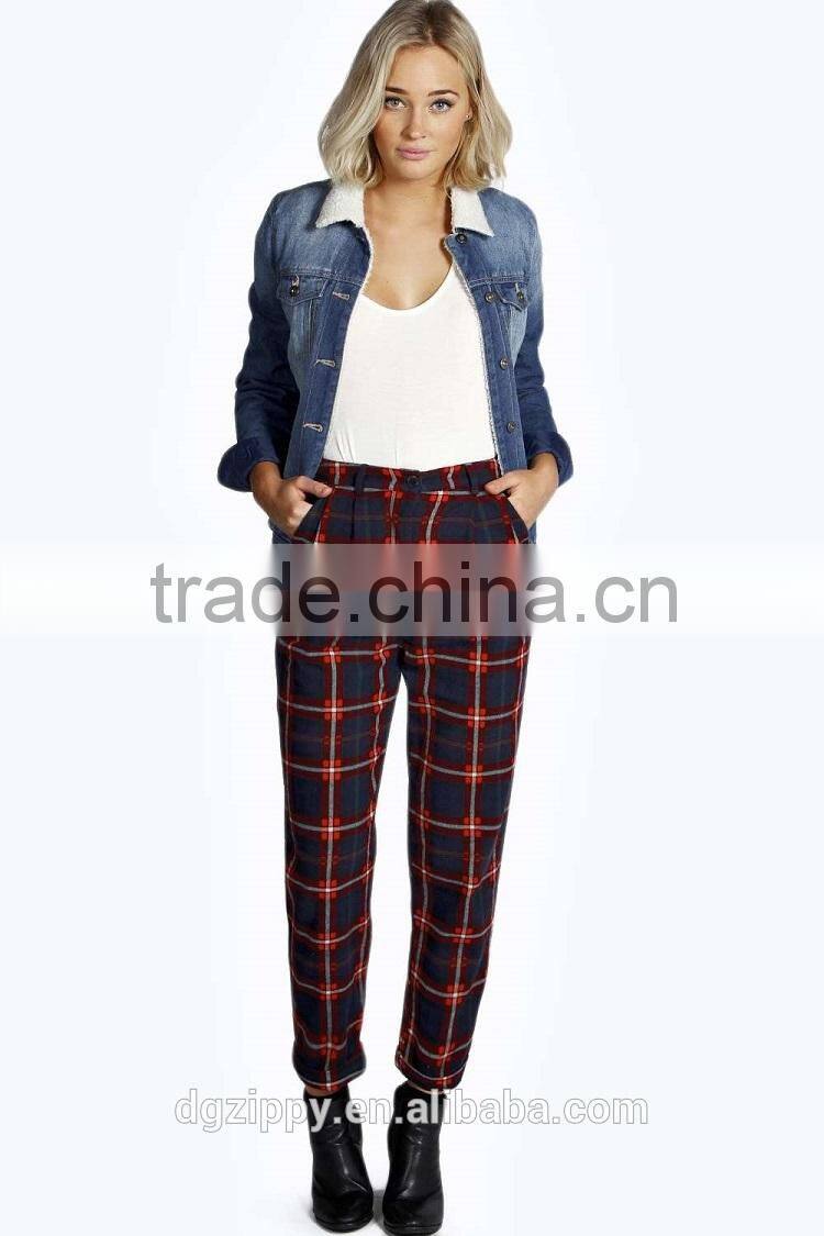 100% pure cotton twin hip and back pockets baggy tartan trousers for woman