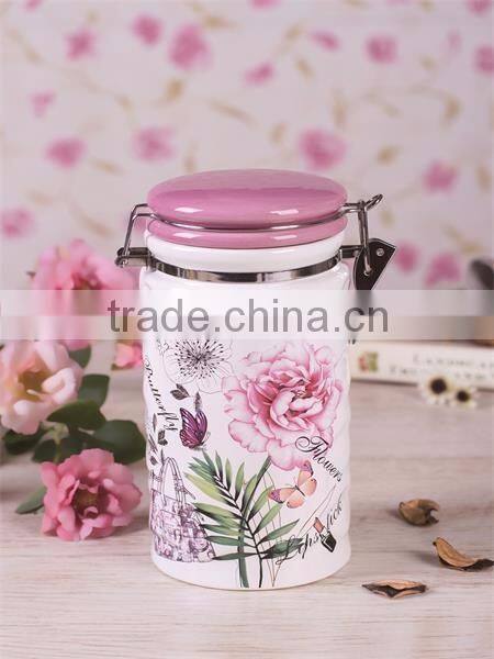 Manufacturer Type Flower Decal Ceramic Canister with Metal Sealing Lid