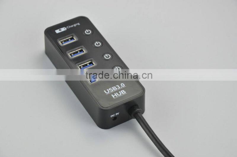 Factory Supply 4 port usb 3.0 hub with individual switches and LEDS, 4 port USB 3.0 HUB +1 quick charging charging port