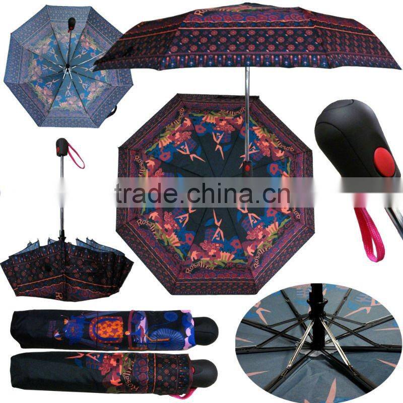 printed pocket auto open and close 3 foldable umbrella