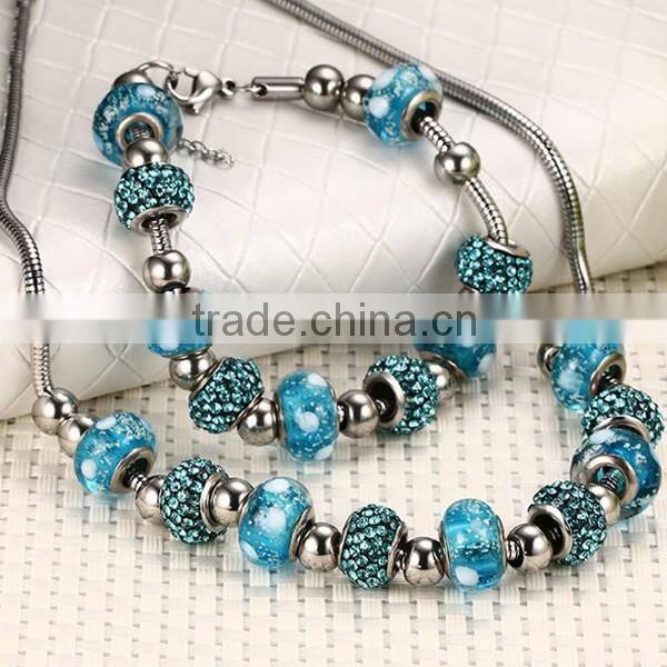 Fashion Women Blue Glass Stainless Steel Necklace And Bracelet Jewelry Sets