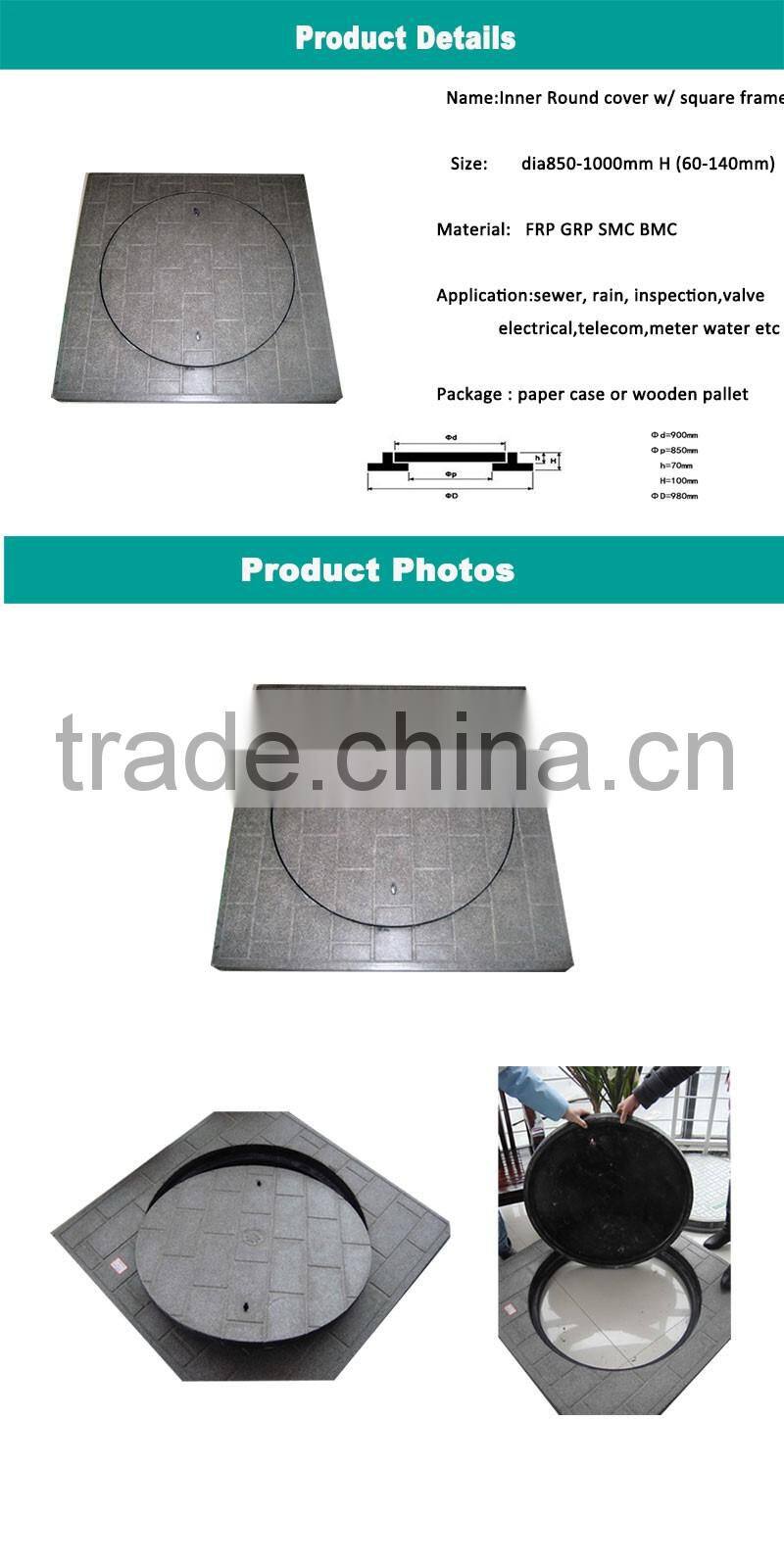 Hinged Composite Fiberglass Square Frame with Inner Round Cover