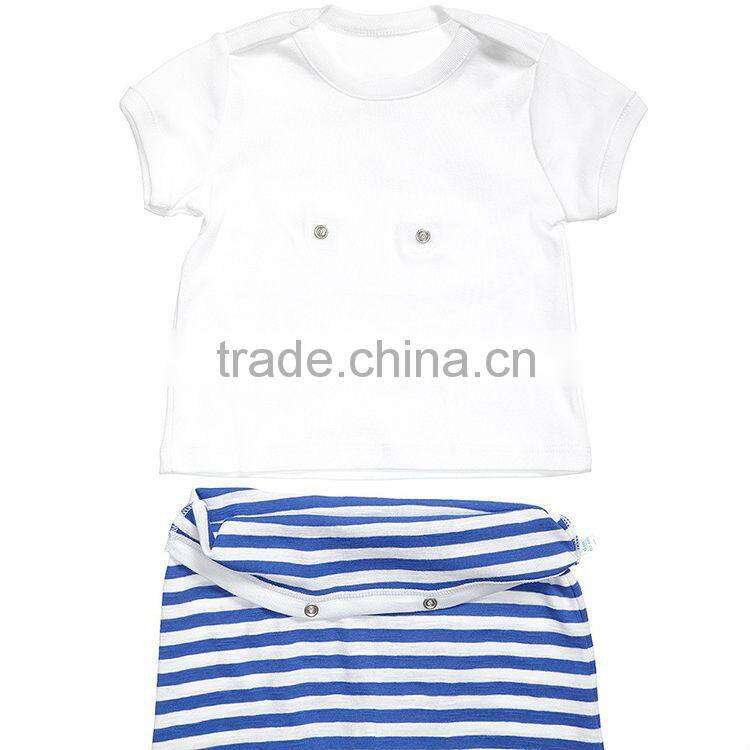 2014 new arrival cotton white plain shirt and blue striped shorts 2 pieces baby romper suit