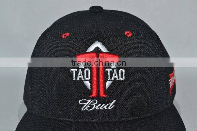 Guangzhou hat factory professional custom 100% wicking performance polyester/black/embroidery logo/flat brim hat