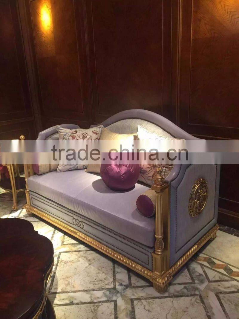 Luxury solid wood frame exquisite golden hand carving special light purple genuine leather living room sofa set