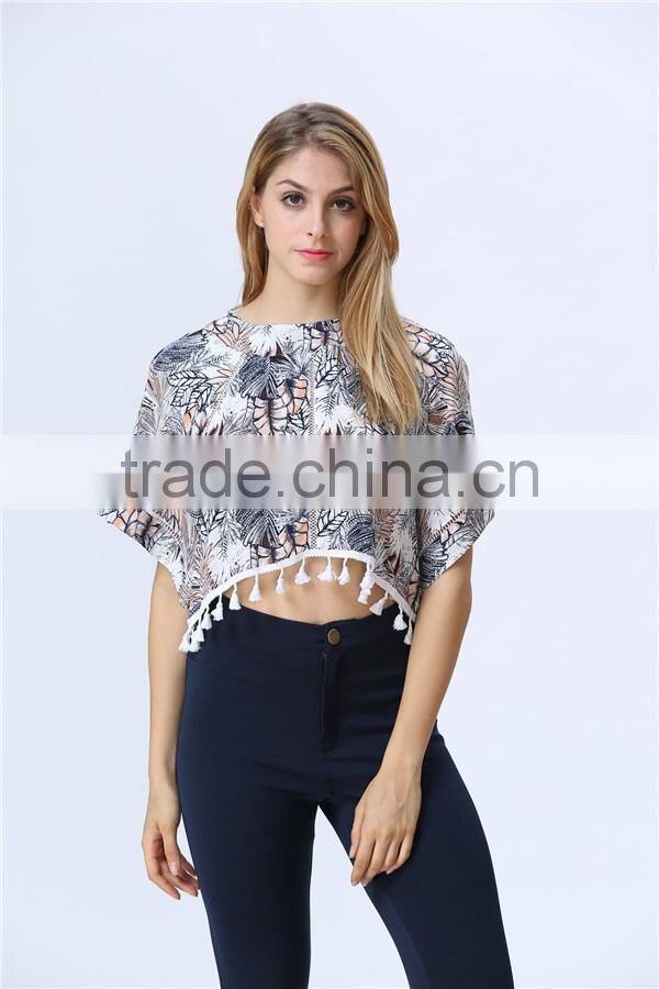 New print leaf print fashion crop tops with tassels hem for women