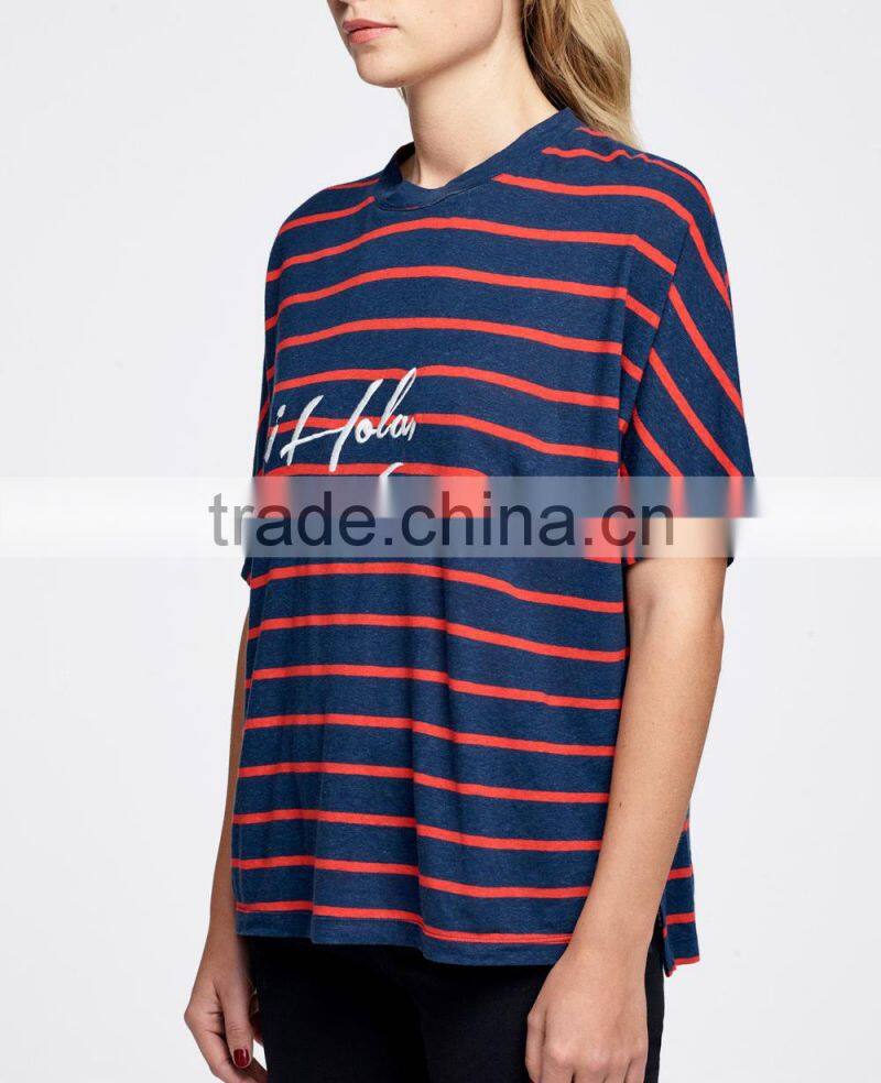 Wholesale ladies tops navy and red stripe short sleeve round neck t shirt summer