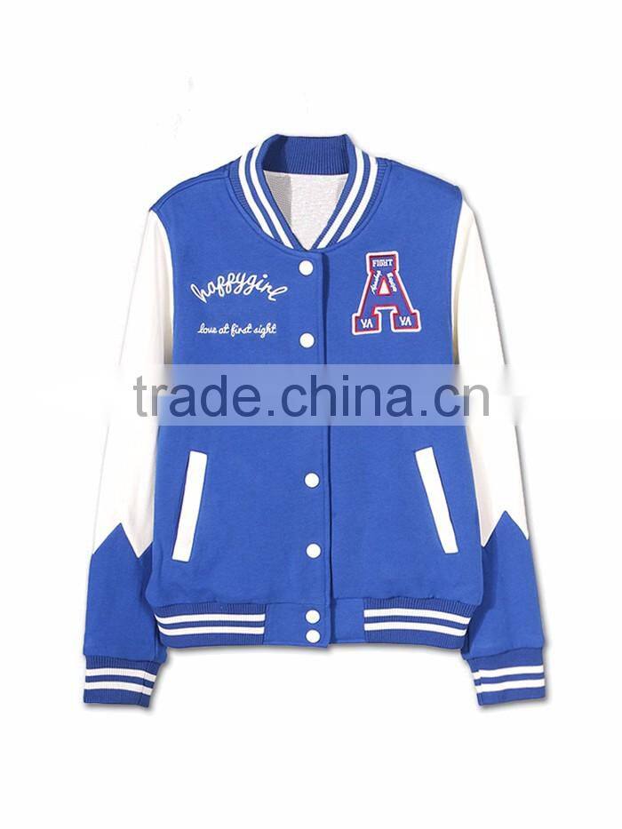 hot style 100%cotton blue and white sport baseball uniform jackets women 2016 winter with letter A embroidery design and buckles