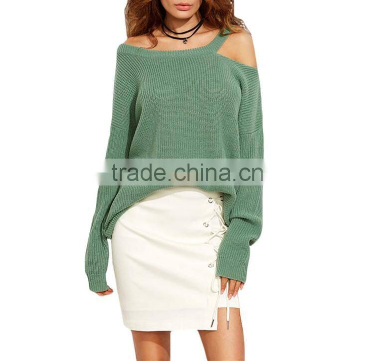 Sexy Knitted Pullover Sweater Women Long Sleeve Asymmetric Cold Shoulder Long Sweater