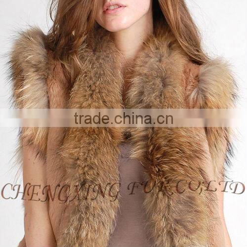CX-G-B-203 Long Genuine Ladies Rabbit Fur Vest With Racoon Fur Trim ~ Casual Wear