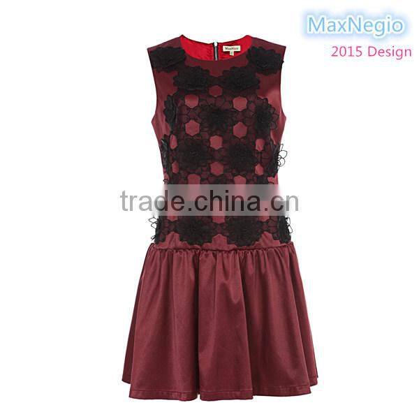 2015 Maxnegio latest A-line flower polyester spandex evening dress red short
