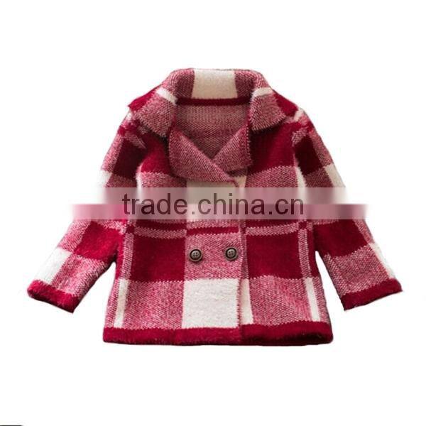 Plaid pattern tailored collar girls thick sweater coat