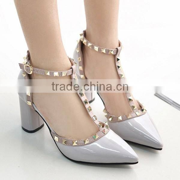 F20012H Pointed high heel women shoes rivets sexy shiny PU women shoes