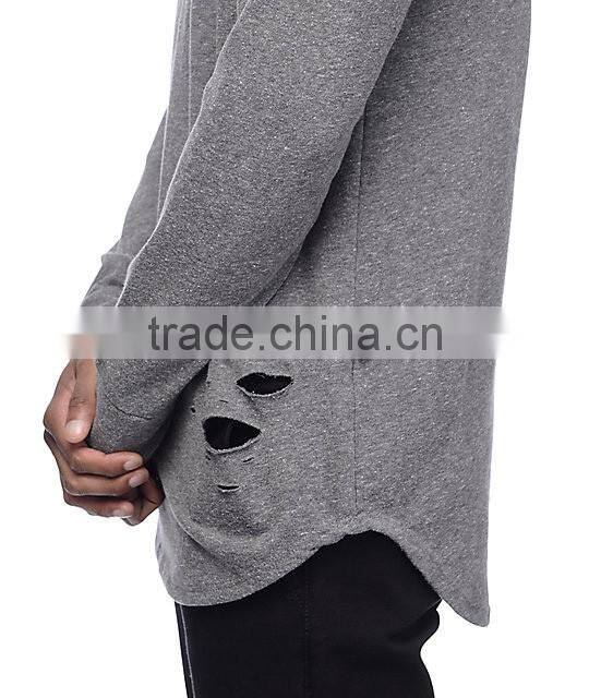 Distressed heathergrey long sleeve knit mens hoodie&sweatshirt