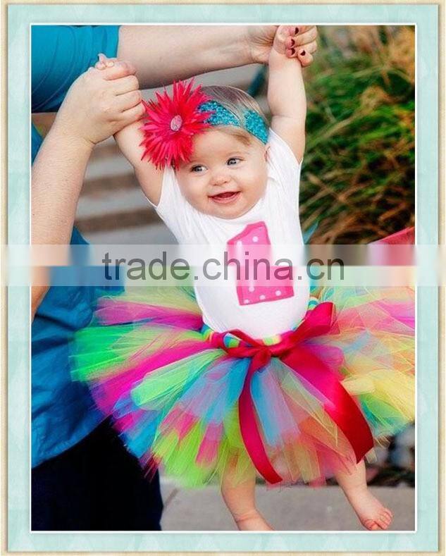 Baby Girl infant NO.1 Appliqued Short Sleeved White Top Colorful Tutu Dress For 1st birthday photo