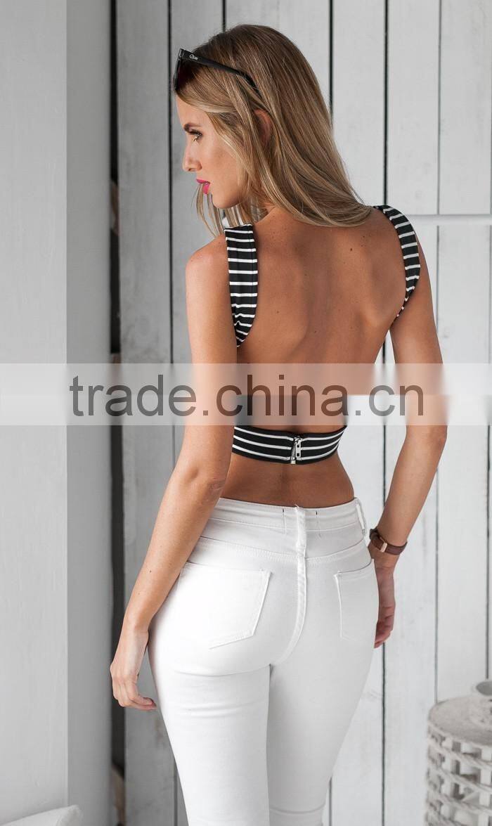 Custom Fashion Double Mini Stripe Curve Hem Tank Tops For Wholesale 2017