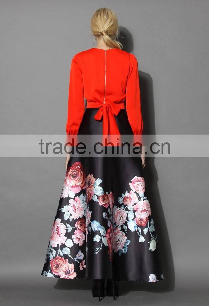 2016 Guangzhou Shandao Latest Design Women Autumn New Western Flower Printed Ruffle Satin Long Maxi Skirt