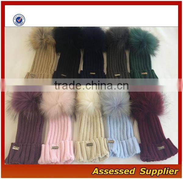 High Quality Custom Women Fashion Real Raccoon Fur Hat With Pom Poms Winter Knitted Hat Beanie Cap--ZP002