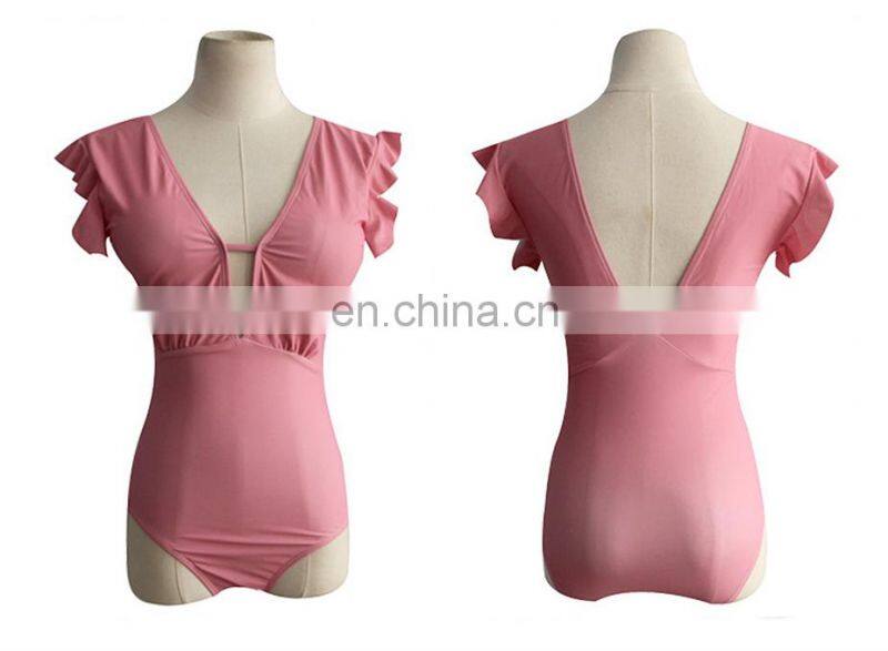Sexy Sleeve Ruffle One Piece Swimsuit Solid High Waist Bathing Suit Women Swimwear Ladies Beach Swimming Suit Pink