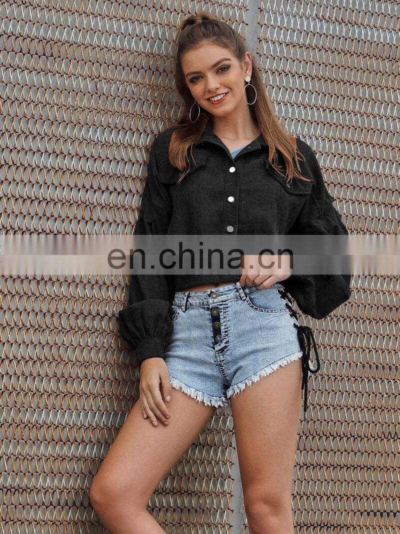 2020 loose solid color lantern sleeves waist short corduroy motorcycle jacket women