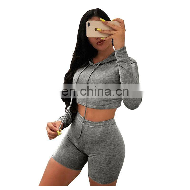 Manufacturer wholesale women's casual sexy hooded shorts sports fitness 2-piece suit custom hoodie crop top