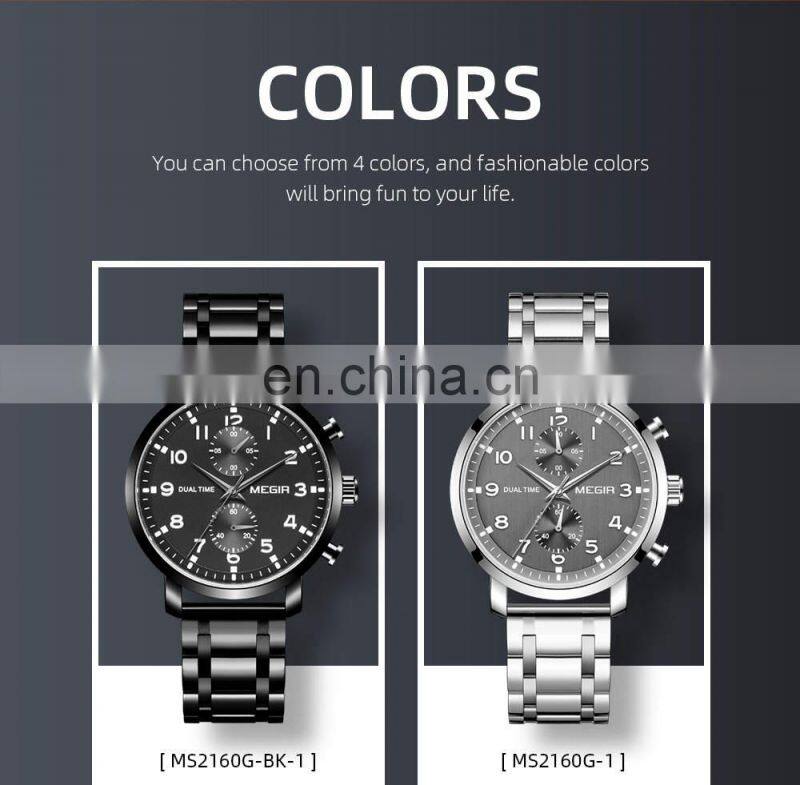 MEGIR 2160 Fashion Leather Stainless Steel Waterproof Chronograph Sport Wrist Watches Quartz Watch Man
