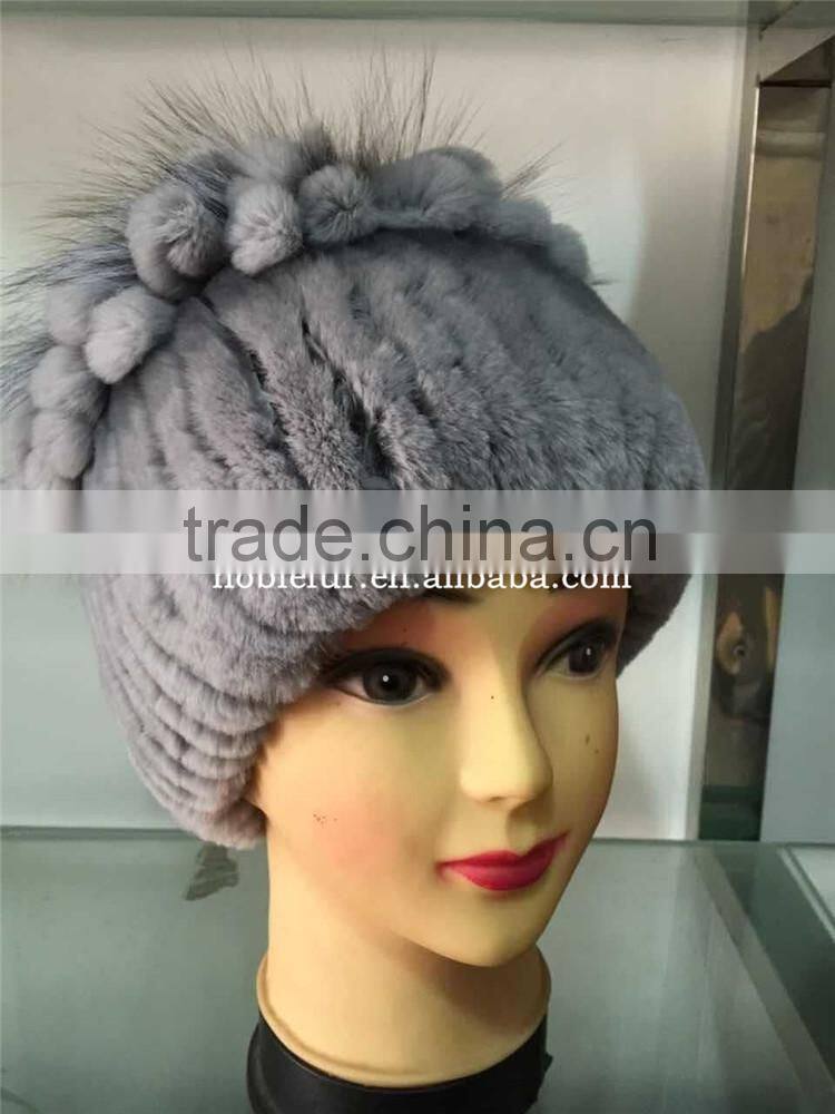 2015 best quality Korean style rex rabbit Hat with fox fur pompom