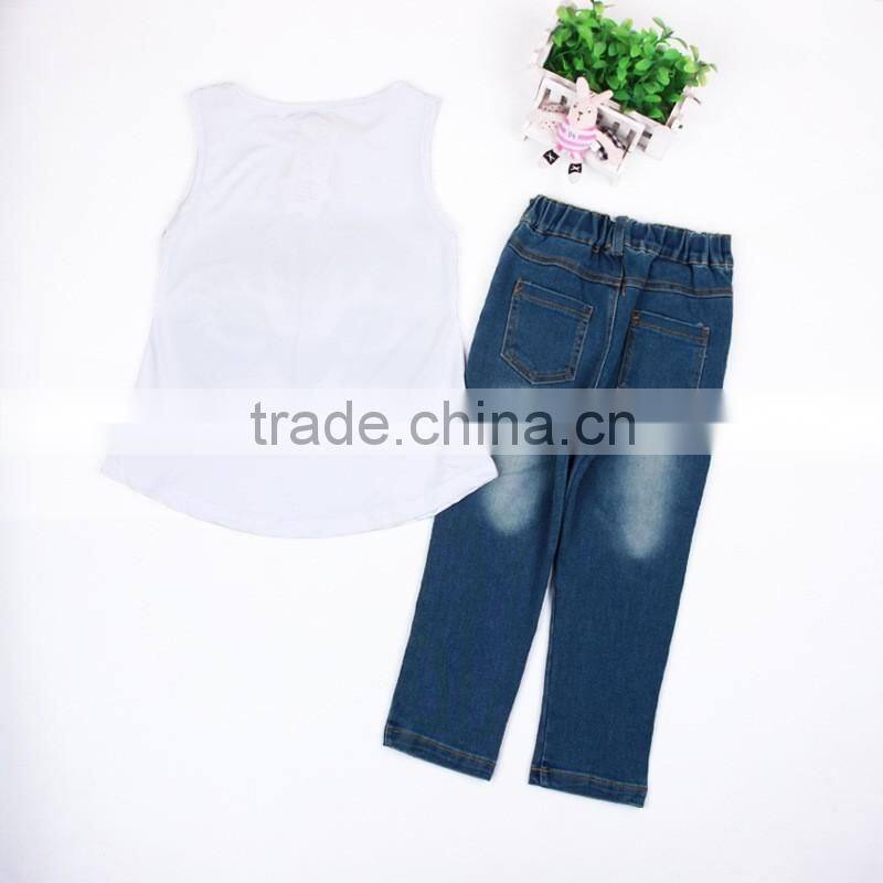 Hot Sale 2016 European Modeling Summer Girl Cloth Set Sleeveless Cat Printed Shirt + Denim Jeans 2pcs Cloth Set