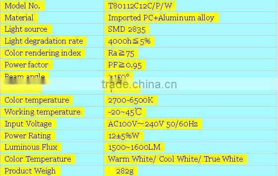High power fact and brightness led linear lamps 1200mm(4ft) T8 12W CE RoHS