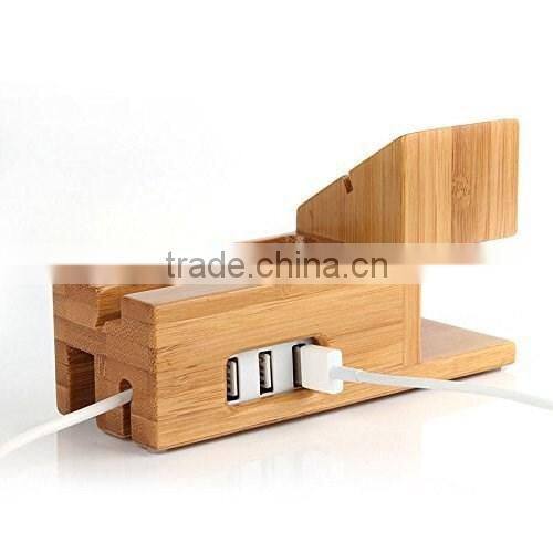 Keno Bamboo Wood Charging Stand with 3 USB Port Charging Mount Holder for Apple Watch and for iPhone 4S 5 5S 6 6 Plus