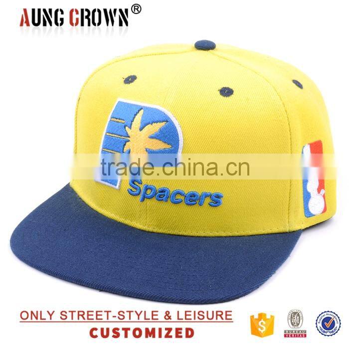 casual embroidery flat bill yellow snapback cap