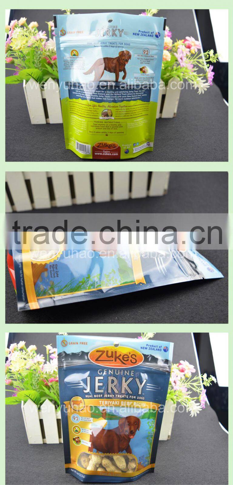 OEM custom made High quality stand up pet food bag with zipper top and clear window