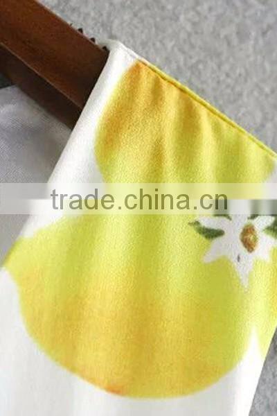 Lemon Print Round Collar Simple Sleeveless Dress Design