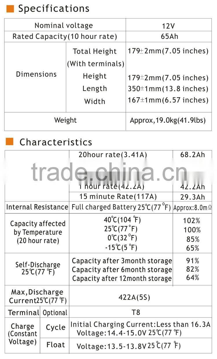 maintenance free 12V 65Ah gel battery for solar warning light
