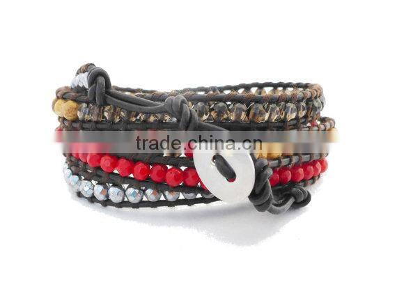 Multi Gem Stone Graduated Wrap Bracelet on Dark Brown leather