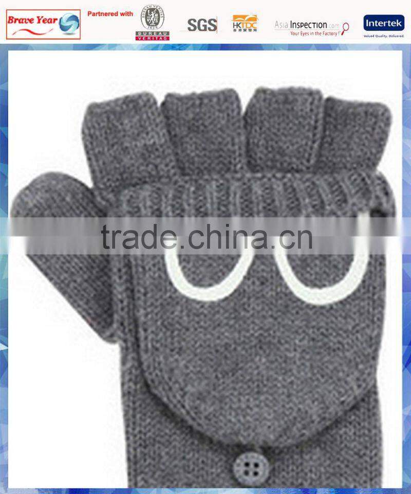 100% acrylic grey knitted half finger gloves with monkey eyes cover