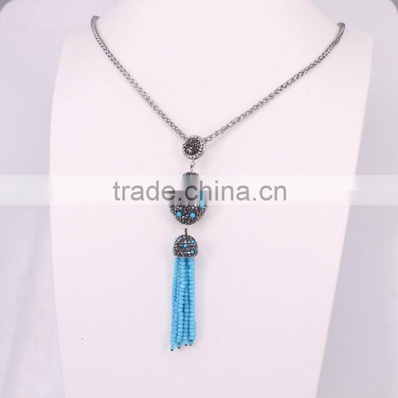Oval/Evil Eye Pendant Necklace, Gem stone Druzy Pendant, With Crystal Paved Crystal Tassel Jewelry, Stone Chain Necklace