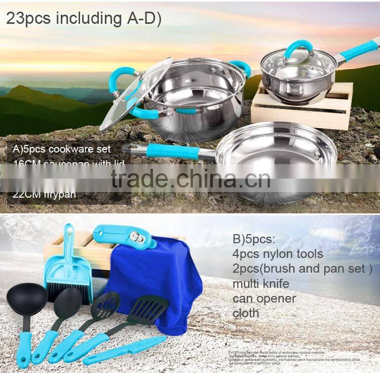 hot sale popular 23 pcs stainless steel cookware camping