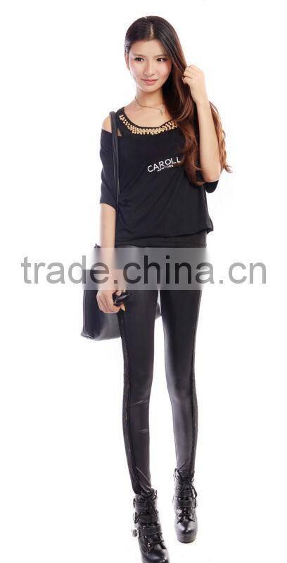2014 New Hot Sexy Girls Black Faux Leather Leggings With Lace Design Good Breathable Leggings For Women