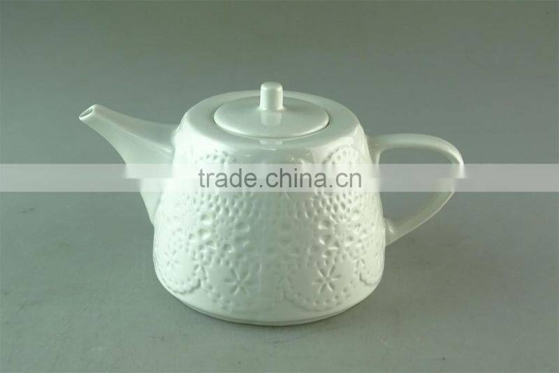 Unique shape white ceramic teapot coffee pot with special embossing in stock