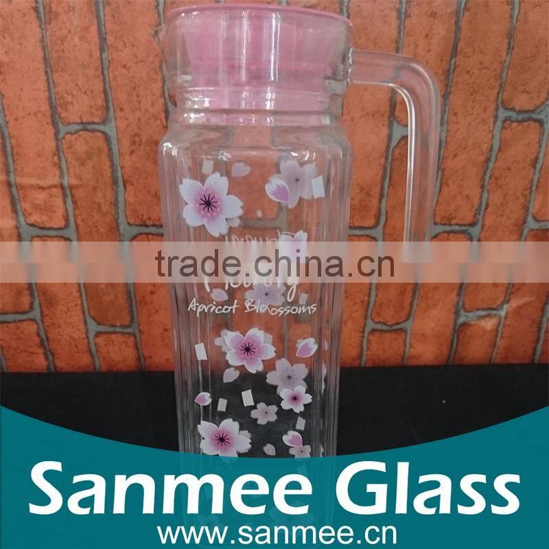 Customized Printing Glass Water Jug With Plastic Pink Lid