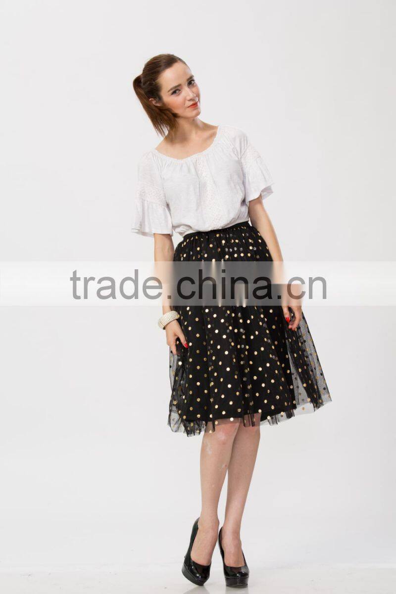 Woman Charming Lady Fashion Black Mesh Skirt with Golden Foil
