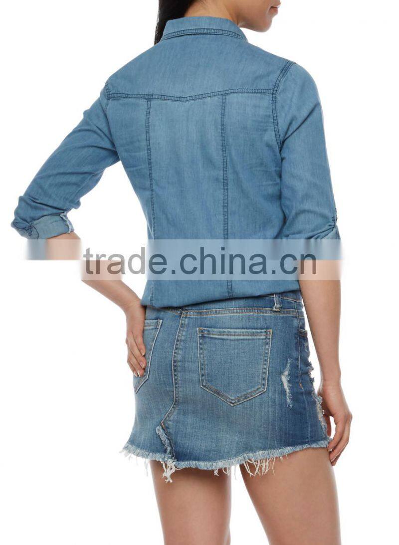 2017 High Quality jean shirt Long Sleeve Button Front Denim Top