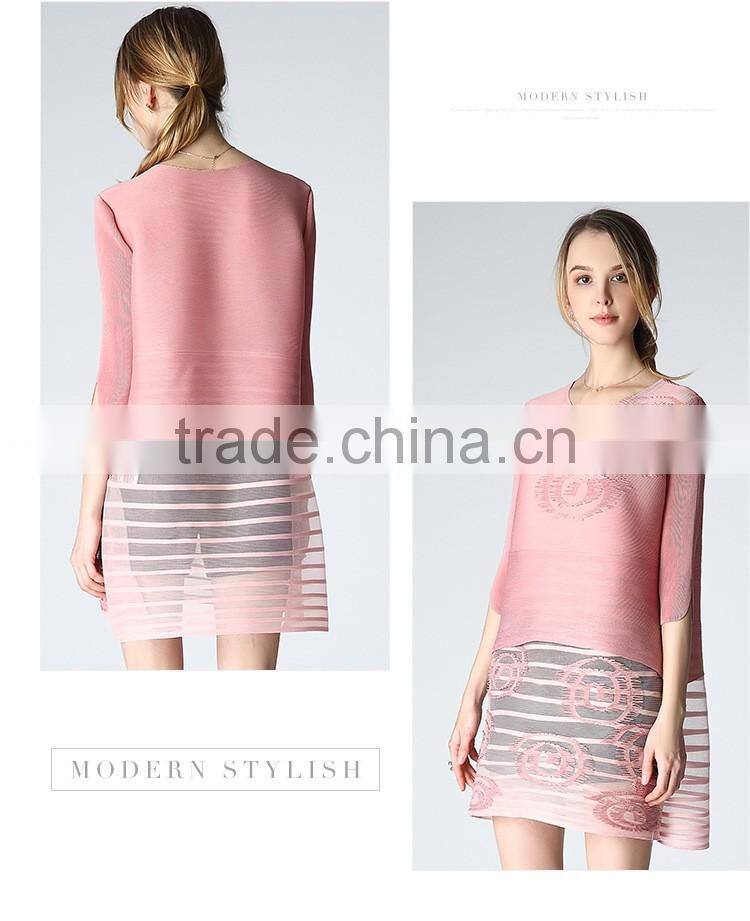 Woman pleat round neck flower splicing loose dresses wholesale